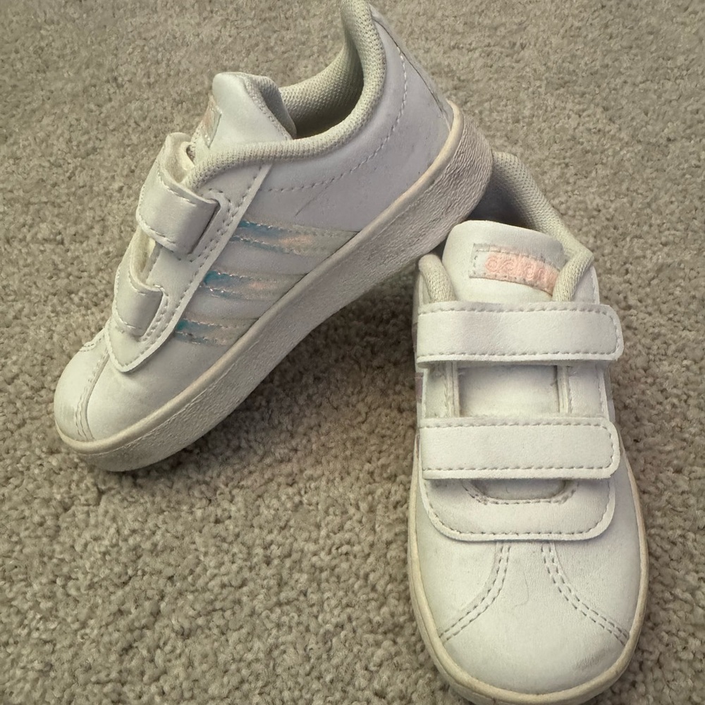 adidas VL Court 2.0 Sneakers with Double Straps, White & Iridescent Stripes, 7